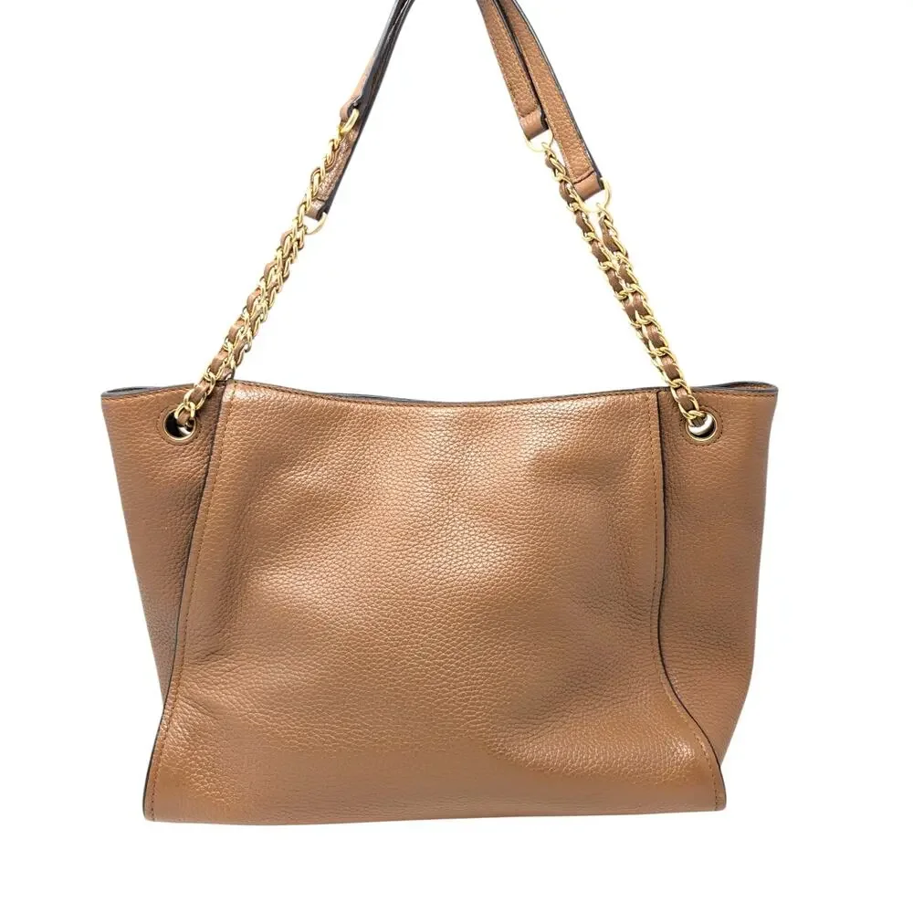 Tory Burch Britten‎ Tan Brown Pebbled Leather Chain Tote Shoulder Bag